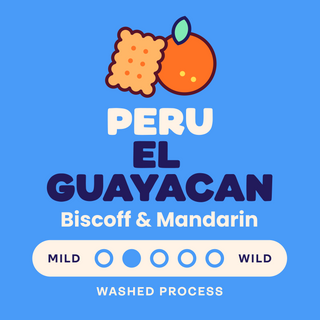 Peru El Guayacan coffee bag in blue and pink packaging featuring Biscoff and Mandarin flavor