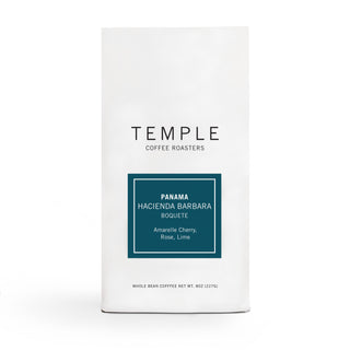 Panama Hacienda Barbara whole bean coffee bag with teal label and white packaging