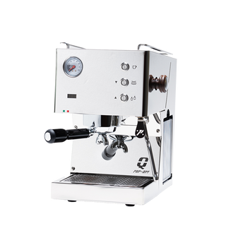 Compact chrome Quick Mill Pop Up espresso machine with portafilter and pressure gauge.