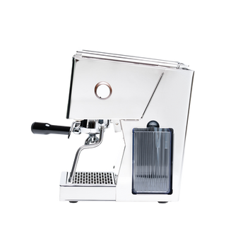 Side profile of Quick Mill Pop Up espresso machine in polished chrome with portafilter and drip tray.