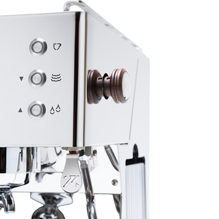 Front angled view of Quick Mill Pop Up espresso machine showing chrome body and wooden side knob.