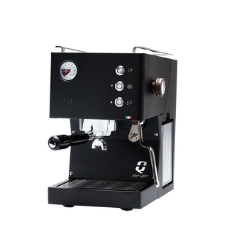 Quick Mill Pop Up espresso machine with PID controls, gauge, and chrome portafilter in a compact black body