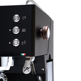 Close up of Quick Mill Pop Up control panel on a black front with three silver knobs a wooden dial and Italian flag indicator.