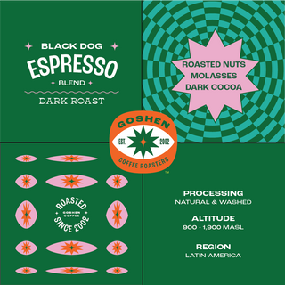 Collage style packaging for Goshen Coffee Black Dog Espresso dark roast with bold panels and central logo