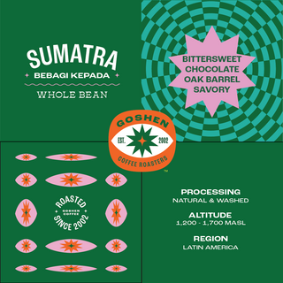 Sumatra Bebagi Kepada coffee label collage with Goshen Coffee logo and Bittersweet Chocolate Oak Barrel Savory note