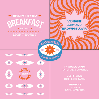 Bright Eyed Breakfast collage packaging with four panels and the Goshen Coffee Roasters logo in the center.