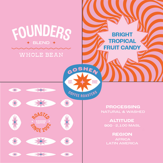 Founders branding collage with Bright Tropical Fruit Candy badge on pink and orange swirl background.