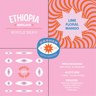 Goshen Ethiopia Biruhi Whole Bean collage packaging with lime floral mango notes.