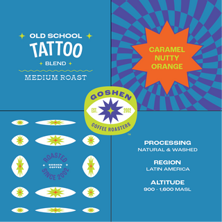 Packaging collage for Old School Tattoo coffee showing caramel nutty orange label and Goshen roasters seal