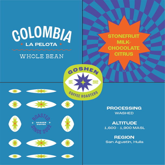 Colombia La Pelota Whole Bean label on blue packaging featuring stonefruit milk chocolate citrus and Goshen Coffee Roasters emblem