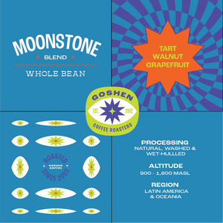 Moonstone Whole Bean coffee packaging collage featuring Tart Walnut Grapefruit label and Goshen Roasters badge.