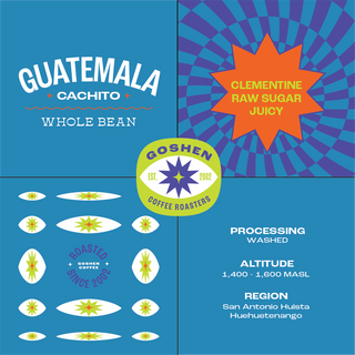 Guatemala Cachito Whole Bean coffee packaging collage featuring bold blue panels and the Goshen Coffee Roasters logo.