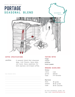 Portage Seasonal Blend information sheet featuring a Wisconsin map and rustic cabin illustration.