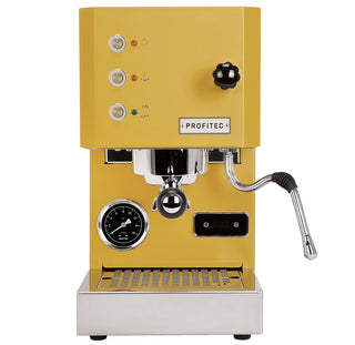 Open box Profitec GO yellow espresso machine with chrome group head, side steam wand, and digital display