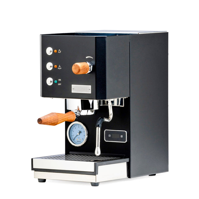 Certified pre owned Profitec GO espresso machine front panel with wooden lever and gauge