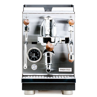 Front view of Profitec JUMP espresso machine with chrome body central group head wooden handles and built in gauge