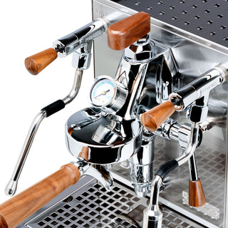 Detail of Profitec JUMP left front area with wooden lever and chrome fittings