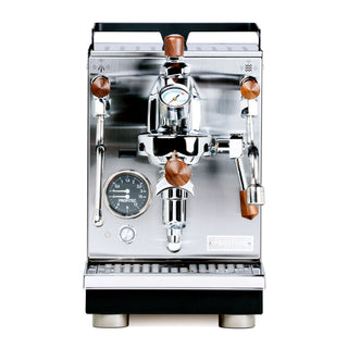 Close up of Profitec JUMP front panel showing LUCCA pressure gauge and wooden paddle handles