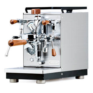 Front view of Profitec JUMP espresso machine with chrome body wooden lever handles and a pressure gauge