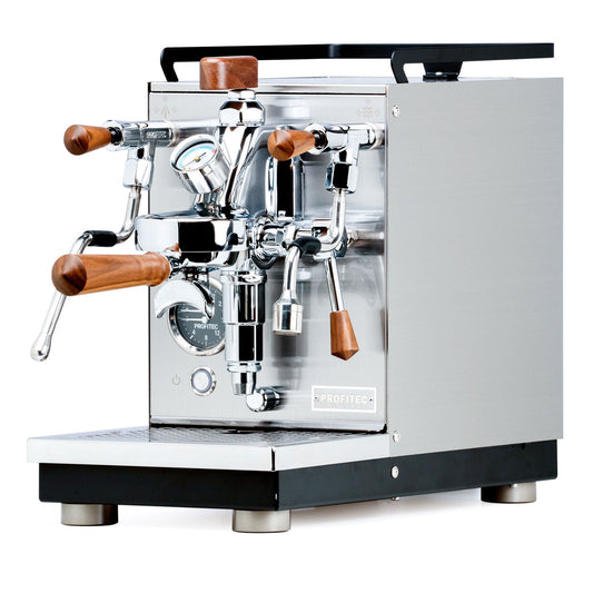 Profitec JUMP espresso machine with chrome finish and wooden portafilter handles