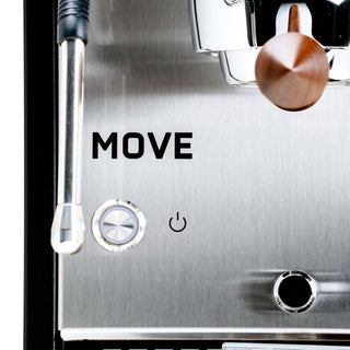 Front panel of Profitec MOVE espresso machine with bold MOVE label and circular gauge on brushed stainless steel.