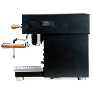 Side view of Profitec MOVE compact dual boiler espresso machine with matte black body and wooden lever handles