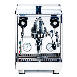 Front view of a chrome Profitec Pro 500 PID espresso machine with two black knob controls and a central group head