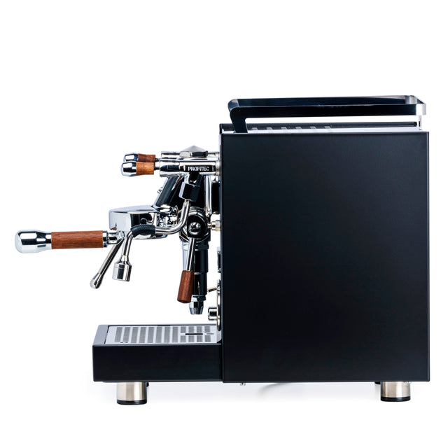 Profitec Pro 600 Espresso Machine from Clive Coffee (Black w/ Walnut) side view - knockout