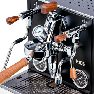 Profitec RIDE espresso machine front with wooden handles chrome fittings and perforated drip tray