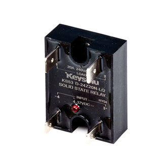 Small Profitec solid state relay with two metal terminals on a black housing showing 20A 240V load ratings.