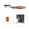 Close up of a wood knob and a wood bottomless portafilter component for walnut touch points espresso kit