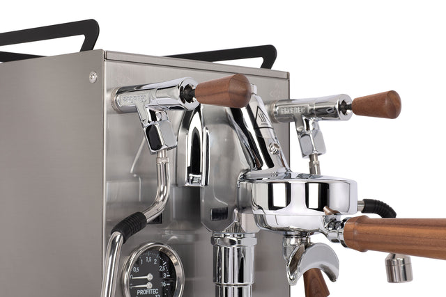 Profitec JUMP Espresso Machine, from Clive Coffee, knockout,  walnut touchpoints, steam valve and hot water valve, grouphead and portafilter spout