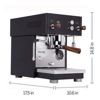 Profitec MOVE Espresso Machine, dimensions image, from Clive Coffee, 14.8in H x 10.6in W x 17.5in D