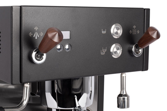 Profitec MOVE Espresso Machine, from Clive Coffee, knockout, walnut touch points, steam valve, hot water valve, buttons and display features, large