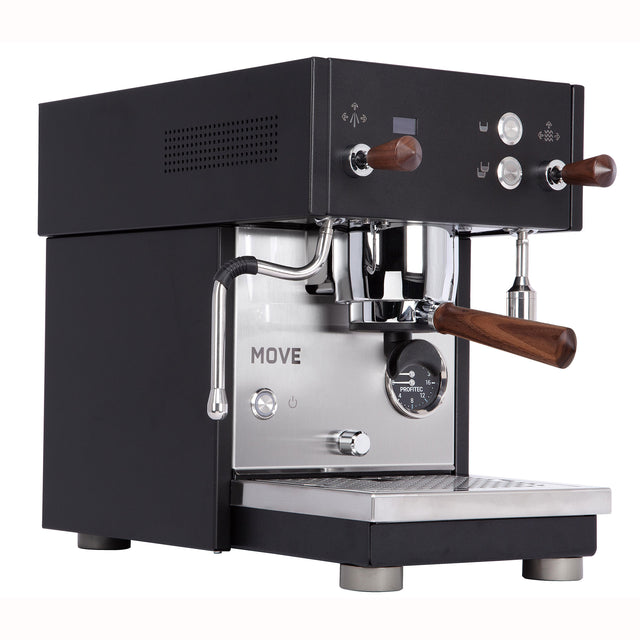 Profitec MOVE Espresso Machine, from Clive Coffee, knockout, 3/4 view, walnut touchpoints, large