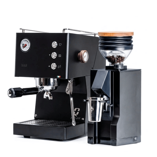 Compact black Quick Mill Pop Up espresso machine with a Eureka Mignon Zero 65 grinder on the side