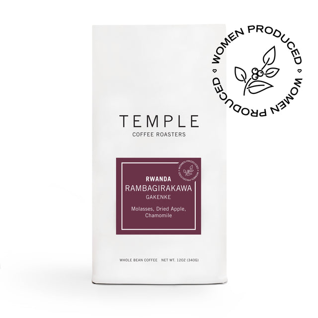 Rwanda Rambagirakawa coffee bag with a purple label and white border displaying RWANDA RAMBAGIRAKAWA GAKENKE