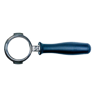 Bottomless portafilter viewed from the side showing chrome head and black handle on white background