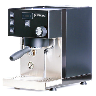 Rancilio Silvia Pro X espresso machine with black exterior stainless front portafilter and steam wand