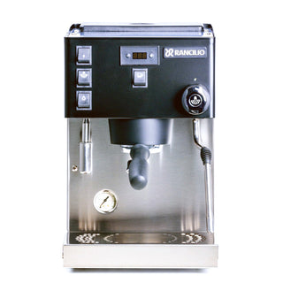 Front view of a black Rancilio Silvia Pro X espresso machine with a digital display, vertical control buttons, a portafilter, and a steam wand.