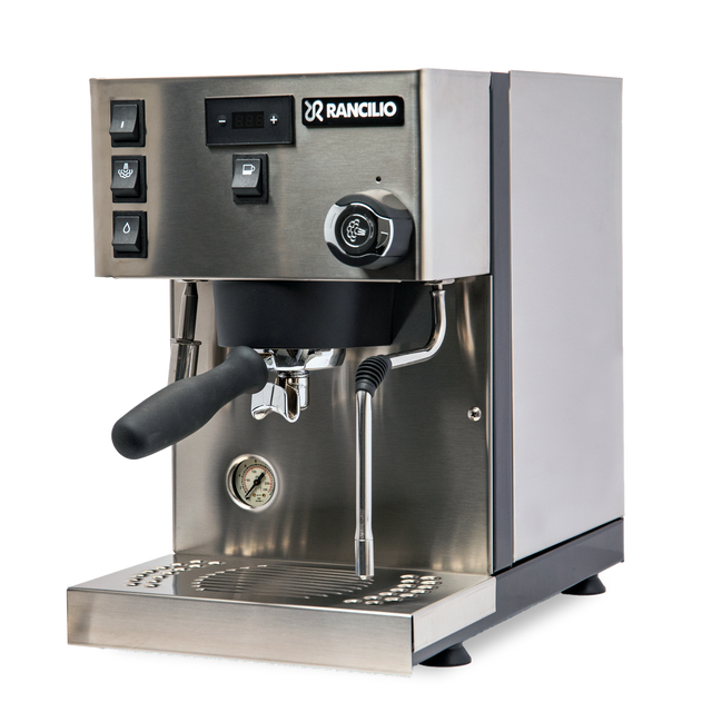 Front view of a brushed stainless steel Rancilio Silvia Pro X espresso machine with digital display and portafilter