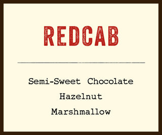 Redcab label card displaying Semi-Sweet Chocolate Hazelnut Marshmallow tasting notes on cream background