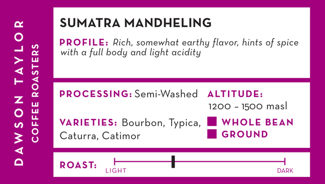 Close up of purple label on Sumatra Mandheling bag detailing profile processing altitude and varieties.