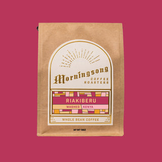 Morningsong coffee bag Riakiberu Washed Kenya with pink label on a burgundy background