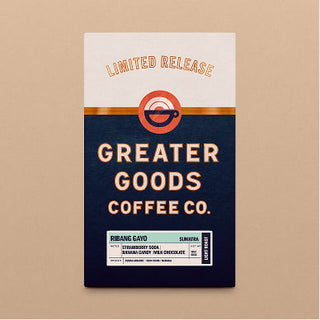 Limited Release Ribang Gayo Sumatra coffee bag with navy panel and orange logo on a tan backdrop.