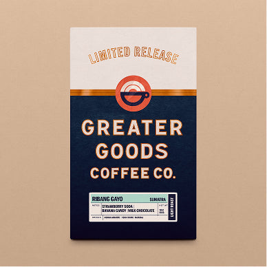 Limited Release Ribang Gayo Sumatra coffee bag with navy panel and orange logo on a tan backdrop.