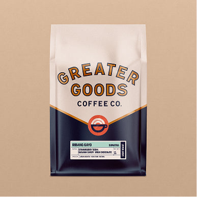 Ribang Gayo natural coffee bag from Greater Goods Roasting Co with cream upper panel and navy lower panel