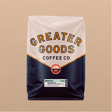 Greater Goods Ribang Gayo coffee bag in white and navy packaging standing upright