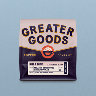 Front view of Rise & Shine Classic Dark Blend coffee bag featuring bold navy lettering on a pink panel and a white label with origin and notes.