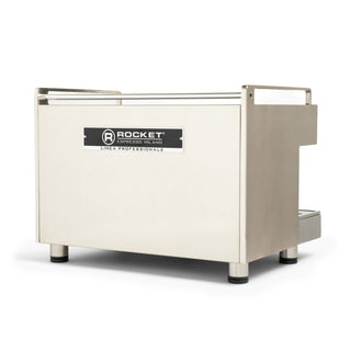 Side view of Rocket Boxer Timer Evo 2 group espresso machine with chrome finish and wooden portafilter handles